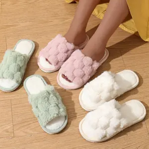 Open Toe Slippers for Women Couples Fluffy Faux Fur Trim Plush Comfortable Fuzzy Soft Cozy Comfy Indoor Outdoor Footwear Warm Comfortable Winter Slide Christmas Gift