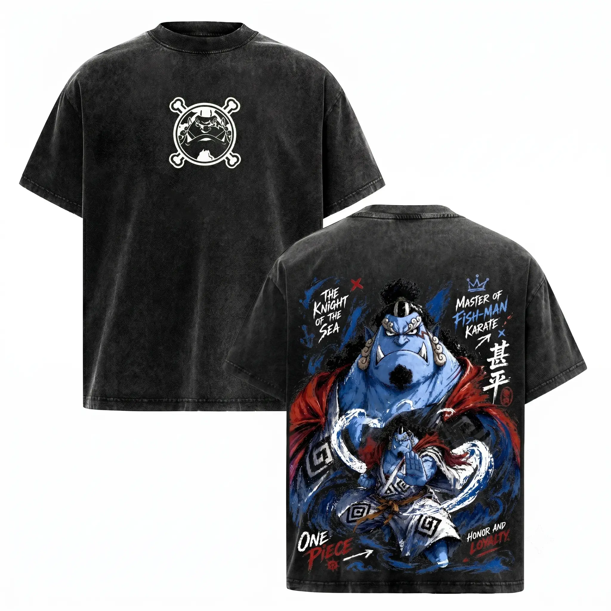 Jinbe One Piece Vintage Washed T-Shirt Shonen Spirit Knight of the Sea Anime Graphic Tee Fish-Man Karate Oversized Streetwear Shirt Japanese Manga Gym Pump Cover Retro Acid Wash Heavy Cotton Top Y2K Anime Merch Men Women Otaku Gifts For Anime Lovers