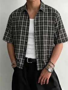 Men's Black White Plaid Short Sleeve Button Down Shirt, Y2K Vintage Checkered Collared Top, Casual Streetwear for Daily, Summer #springsaledeals2026 #summeroutfits #tiktokshopmademebuyit #menfashion