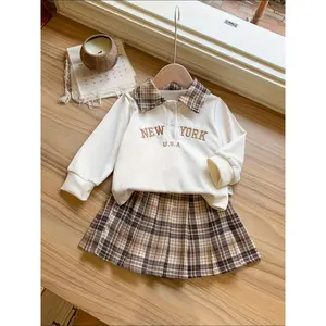 Fashionable Long-Sleeve Top with Letter Embroidery And Checkered Collar for Baby Girls, Paired with a Casual Pleated Checkered Skirt P101891, for Outdoor