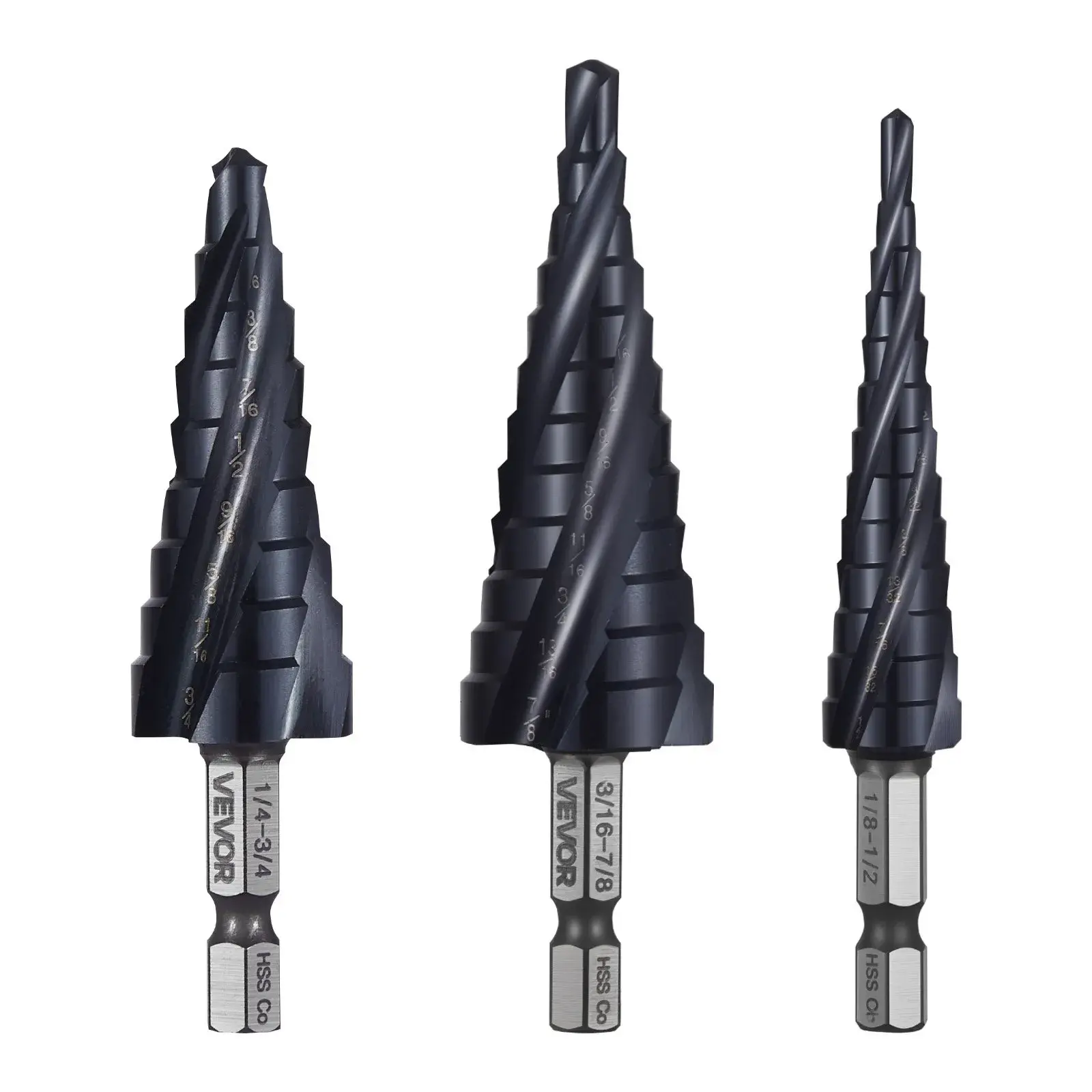 VEVOR 3-Piece Step Drill Bit Set, 1/8-7/8 in Size, 1/4 in Hex Shank, TiAlN Altin Coating, Cobalt High-Speed Steel, Industrial Tool Kit for Metal, Stainless Steel | Father's Day Gift