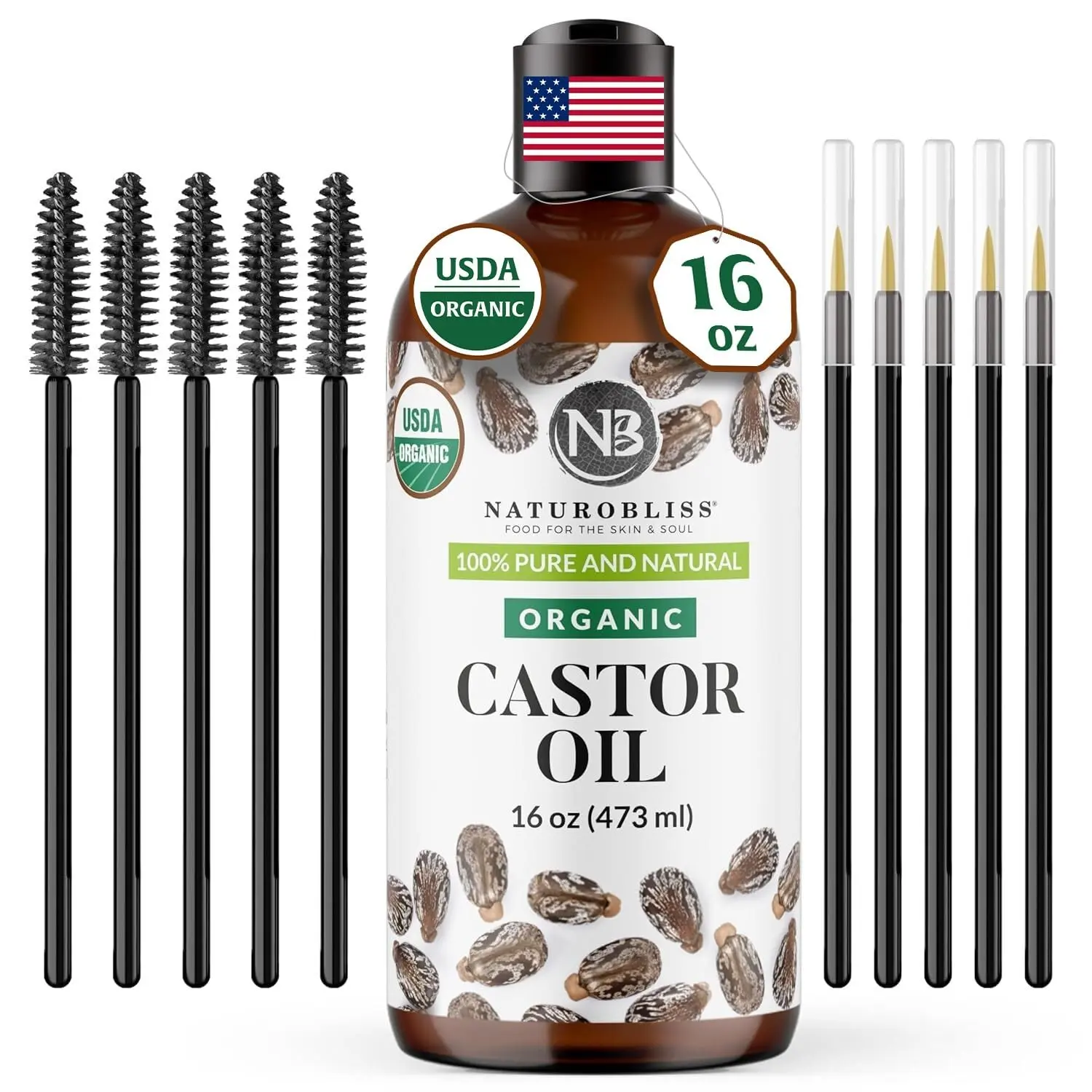 100% Natural Pure USDA Castor Oil 16oz - Cold Pressed Hair Growth Oil, Eyebrow & Eyelash Serum with Free Plastic Dropper, Lash & Brow Brushes, Moisturizer for Skin, Triple Refined Premium Grade