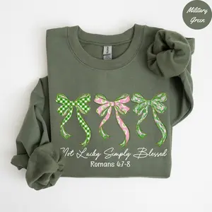 St Patricks Day SweatShirt, St Patricks Day Bible Verse Gildan Sweater, Not Lucky Simply Blessed SweatShirt, Retro Coquette St Patrick's Day Sweater