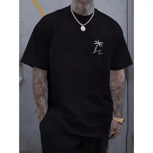 Men Casual Tropical Palm Tree Print T Shirt Black with White Palm Tree Design Breathable Polyester Machine Washable Regular Fit for All Season Comfort Allseason Apparel Tropical Print Top Machine Washable Shirt