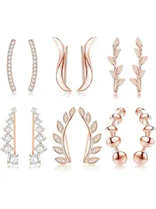 Gentle 6 Pairs Rose Golden Ear Cuff Earrings Elegant Copper Ear Crawler Earrings for Women Men Climber Earrings Pierced Ears Shining Cubic Zirconia Jewelry Set