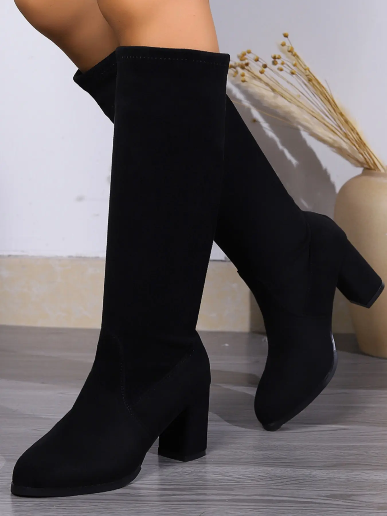 Elegant Women's High Heel Boots, Textile Above Ankle Knee-Length, Fall Winter Fashion, Classic Trendy Stretch Slimming Boots