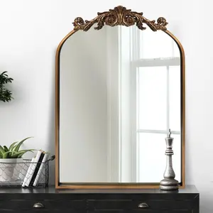 Traditional  Ornate Baroque Mirror, Brass Mirror for Wall,Victorian Antique Bronze Mirrors Arched for Bathroom/Living Room/Hallway/Fireplace 19"X27"