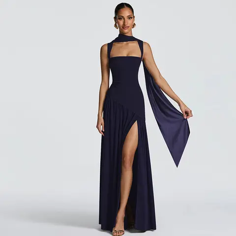 Women's Solid Color Knitting Cut-Out Square Neck Sash A-Line Formal Maxi Gown - 2025 Fall & Winter New, Sleeveless, High Slit, Slim Fit, Elegant Polyester Outfit for Party, Dating