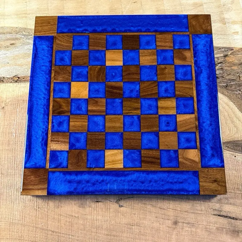 Black Walnut Deep Blue Chess Board Handmade with Pieces 16x16in Epoxy Resin Tabletop Game for Tournament Players