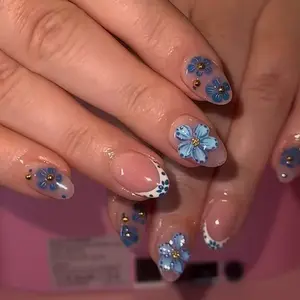 24pcs Oval Short Nails, Nude Base + French Tip + Hand-Painted Blue Flowers + Studs, Reusable, Beginner-Friendly