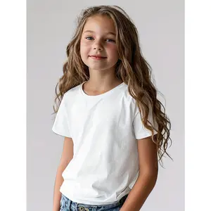 Girls' Summer Casual Solid Color White Round Neck Short-Sleeve T-Shirt, Soft Polyester Blend, Lightweight & Breathable for Casual Attire