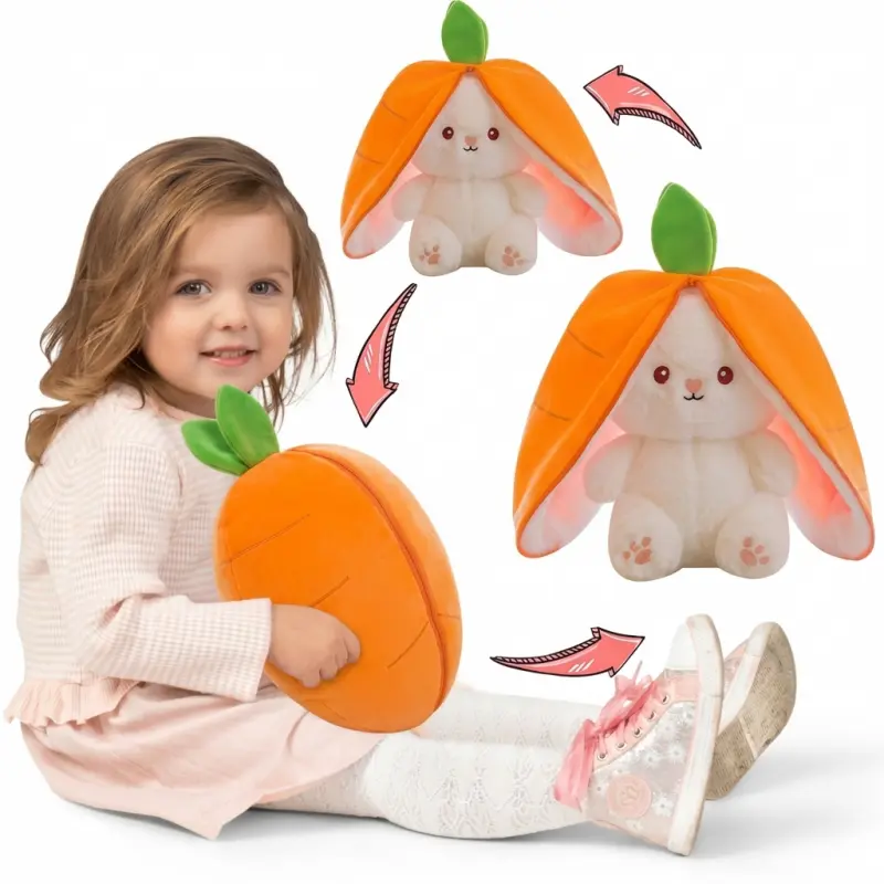 Reversible Strawberry Bunny Plush, Cute Zipper Bunny Stuffed Animal, Soft Rabbit Pillow Doll, Kawaii Easter Plushie Gift for Kids Adults