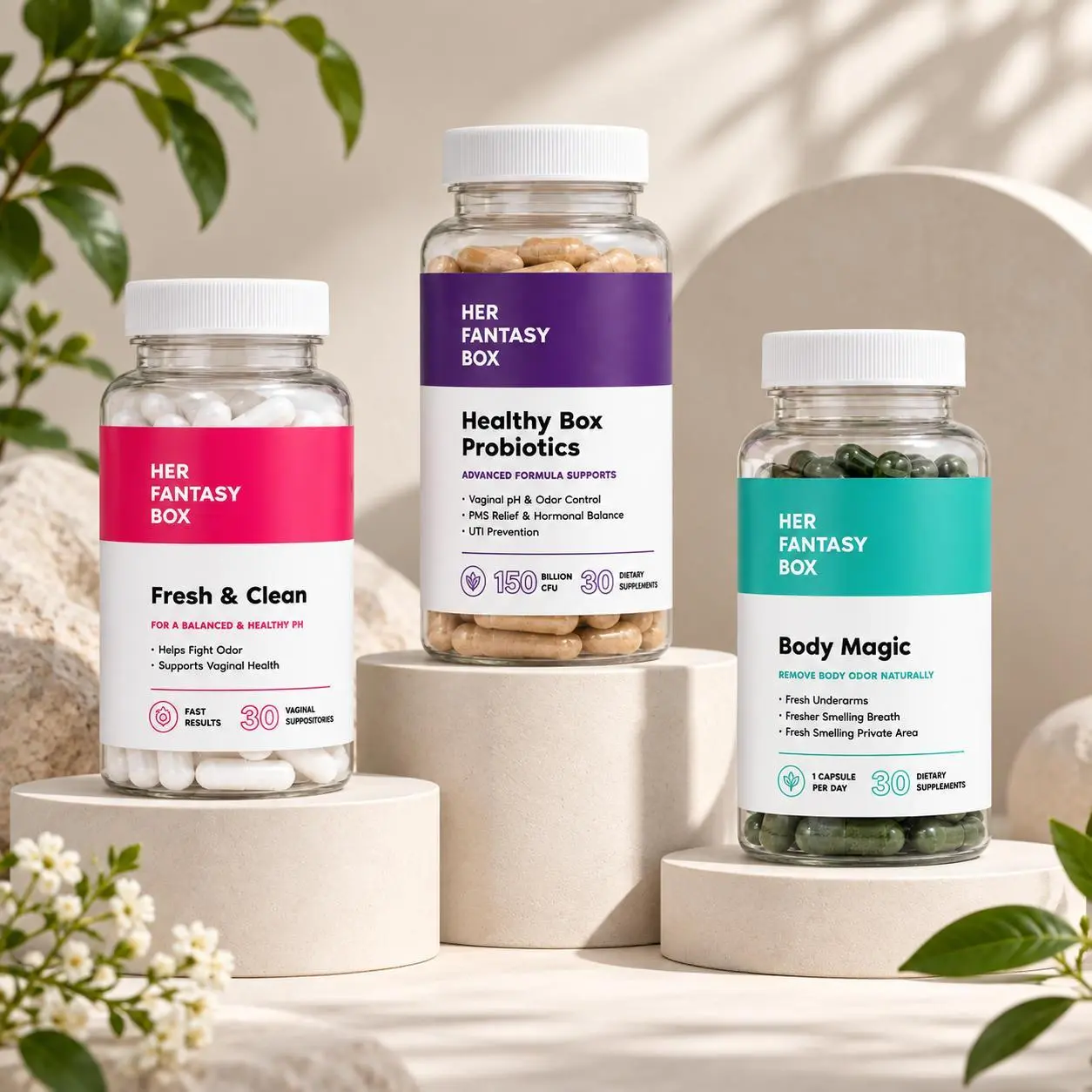 Her Fantasy Box-Ultimate Odor Control & Detox Trio: Chlorophyll, V-Health Probiotics & Boric Acid Suppositories