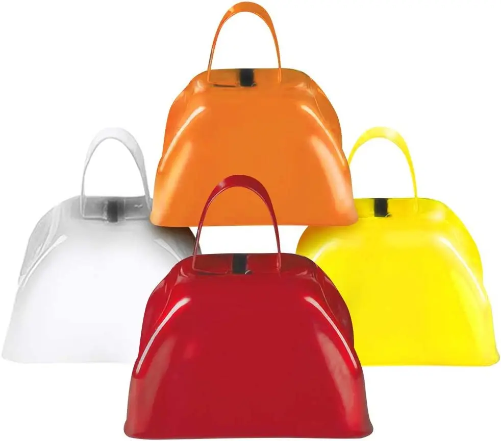 3" Metal Cowbells Set - Pack of 4 - Loud Metal Cowbell Noisemakers with Handles - Red, Orange, Yellow and White Cowbell Set, Great for Football Games, Sporting Events, New Year’s Eve