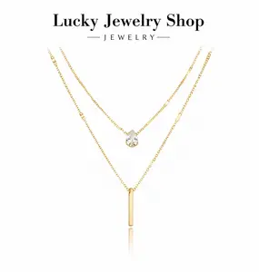 Layered Gold Necklace for Women, Dainty Double Layer Necklace with Teardrop CZ Pendant & Bar Charm, Minimalist Jewelry Gift