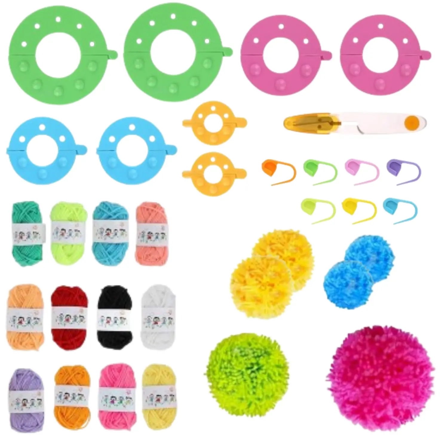 DIY Ball Making Kit - Rainbow Eco-Friendly Non-Fading Sewing Craft Kit for Primary & Secondary School Students, Hand Weaving Supplies, 1 Set with 6 Sizes of Ball Makers, 12 Yarn Skeins, 10 Markers, 1 Pair of Scissors, Ideal for Gifting, Friends, Family