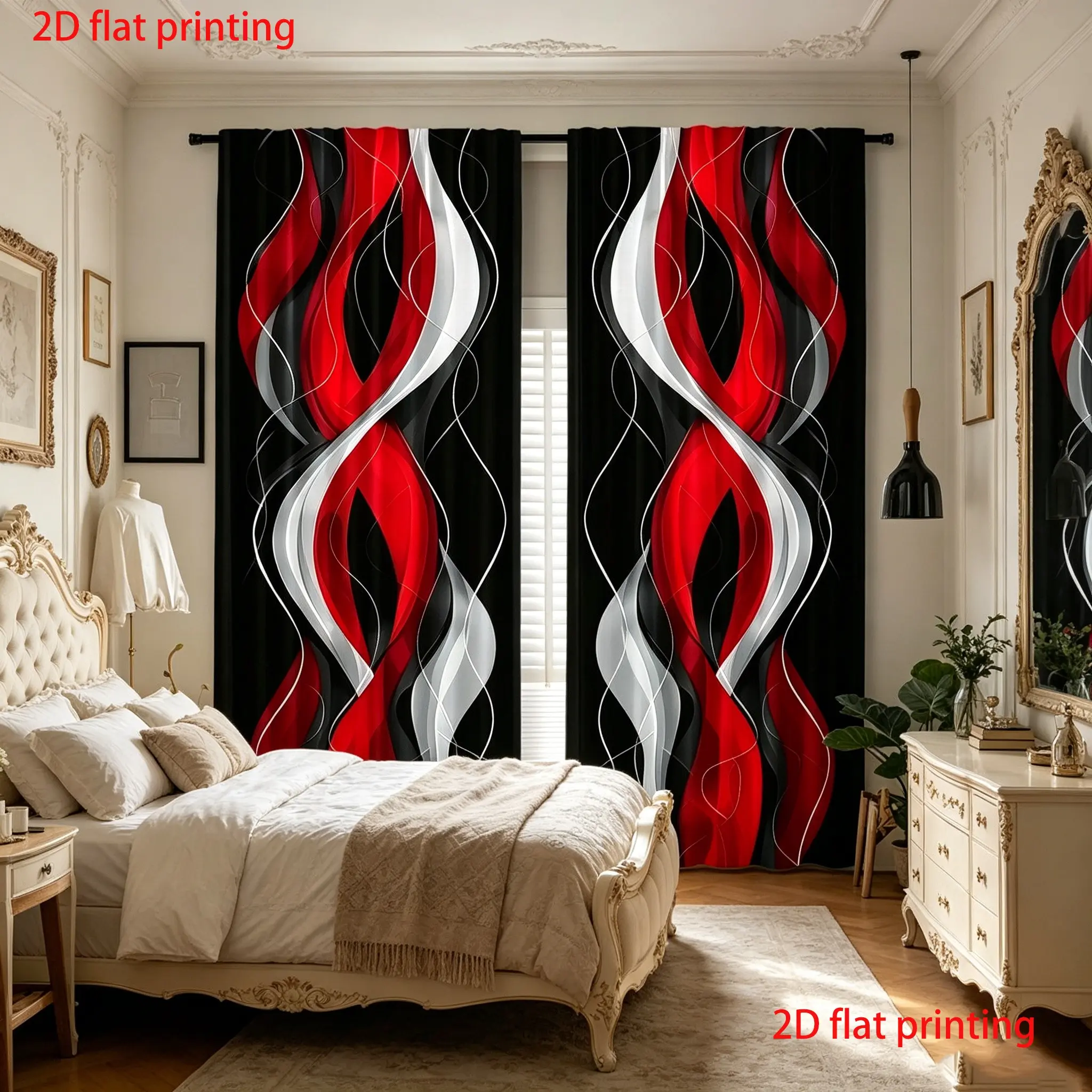 2-piece set of black and red abstract art fashion curtains, Home Decoration Curtain, Window Drapes, made of semi blackout polyester material, suitable for bedrooms, living rooms, offices, and ideal for decorating various festivals and seasons