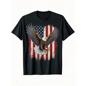 Men's Vintage Distressed Bald Eagle American Flag T-Shirt Heavy Fabric, Distressed Bald Eagle Striped Pattern, Suitable for Independence Day, Daily Casual Wear, Black with White Red, Crew Neck, Regular Fit