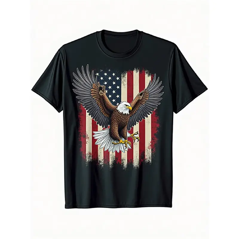 Men's Vintage Graphic Tee, Distressed American Flag Eagle Print - Regular Fit Heavy Fabric Shortsleeve Round Neck mensfashion Streetwear for American Independence Day