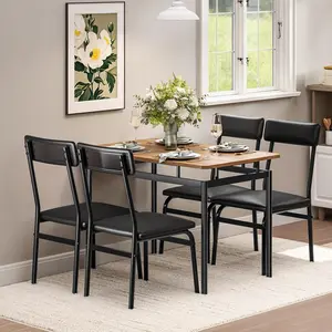 Gaomon 5-Piece Dining Table Set, Brown Wood Kitchen Dinette with 4 PU Upholstery Black Chairs, Space Saver Metal Frame for Dining Room