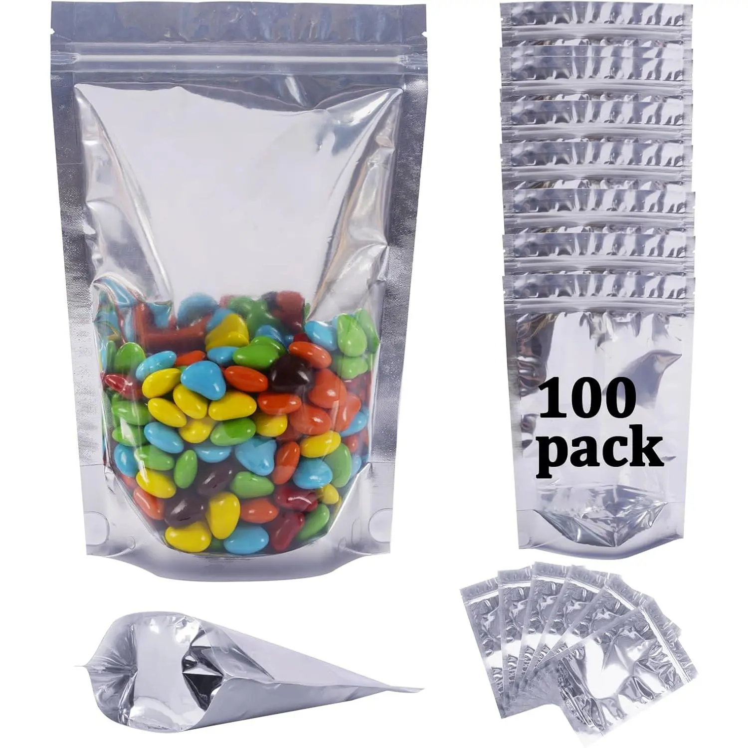 100 Pack Mylar Bags for  Storage Resealable  Foil Clear Stand Up Pouch with Front Window 3.94x5.91 Inch  Zipper Lock  Packaging Heat Seal Bags for Small Business and