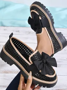 Seasonal European Style Casual Colorblock Fashion Bowknot Loafers, Elegant Versatile Gold Classic Slip-On Shoes for Vacation Hiking Commuting