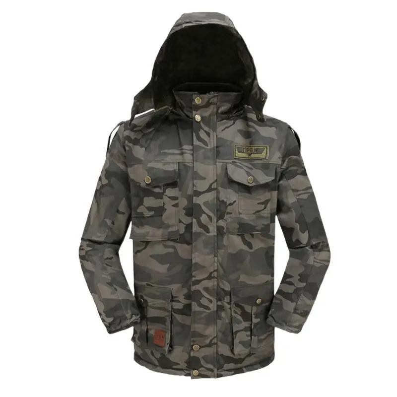 Men's Oversized Military Camo Jacket, Thick Thermal Fleece-Lined Cotton, Windproof Long Sleeve Utility Workwear for Winter, Jackets, Oversized Roomy, Tops, Zipper Front