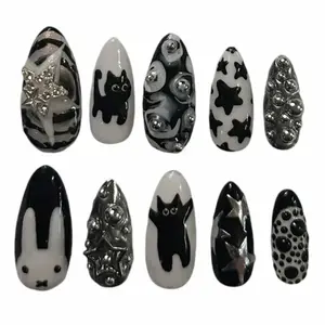swish.nails Black Cat & Bunny Press-On Nails, 3D Stars, Silver Studs & Cosmic Accents, Cute Cartoon Bunny & Cat Charms, Black & White Contrast, Handcrafted Playful Gothic Nail Art, Perfect for Gifting, Custom Handmade for Kawaii Goth Vibes