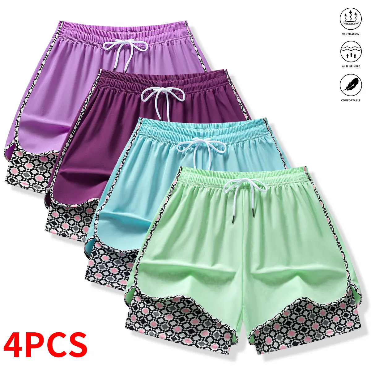 4PCS Women’s Anti-Exposure Layered Stretch Sports Shorts – Quick-Dry Polyester Camouflage Casual Sport Bottoms for Running and Fitness, Summerwins