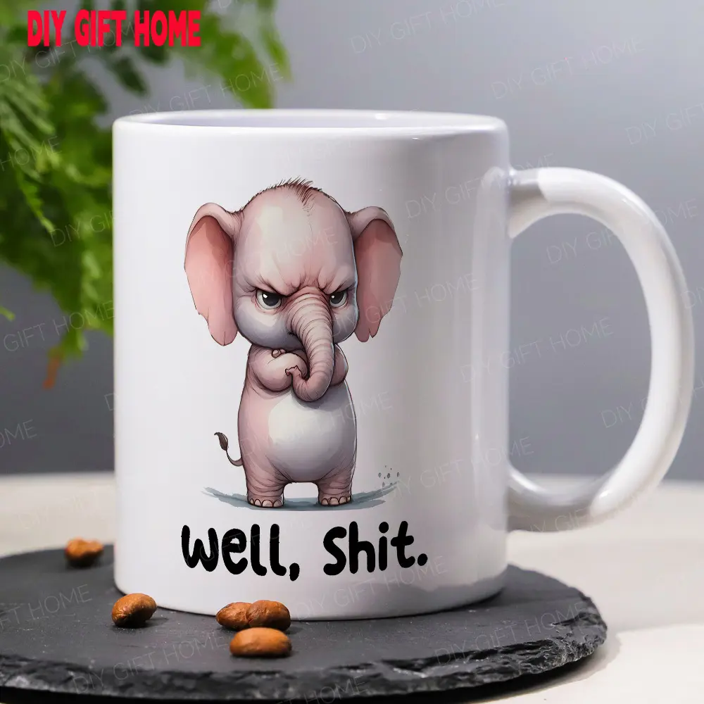 1pc 11oz Funny Elephant "Well, Shit" Ceramic Coffee Mug – White with Black Interior, Reusable Cup for Hot & Cold Beverages, Perfect Gift for Coffee Lovers & Humor Enthusiasts, Hot Cold Beverages |   Whimsical Drinkware |   Durable Ceramic Mug, Coffee Cup