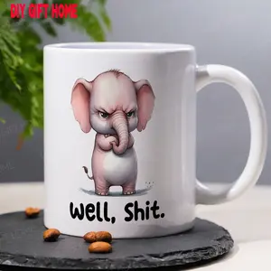 1pc 11oz Funny Elephant "Well, Shit" Ceramic Coffee Mug – White with Black Interior, Reusable Cup for Hot & Cold Beverages, Perfect Gift for Coffee Lovers & Humor Enthusiasts, Hot Cold Beverages |   Whimsical Drinkware |   Durable Ceramic Mug, Coffee Cup