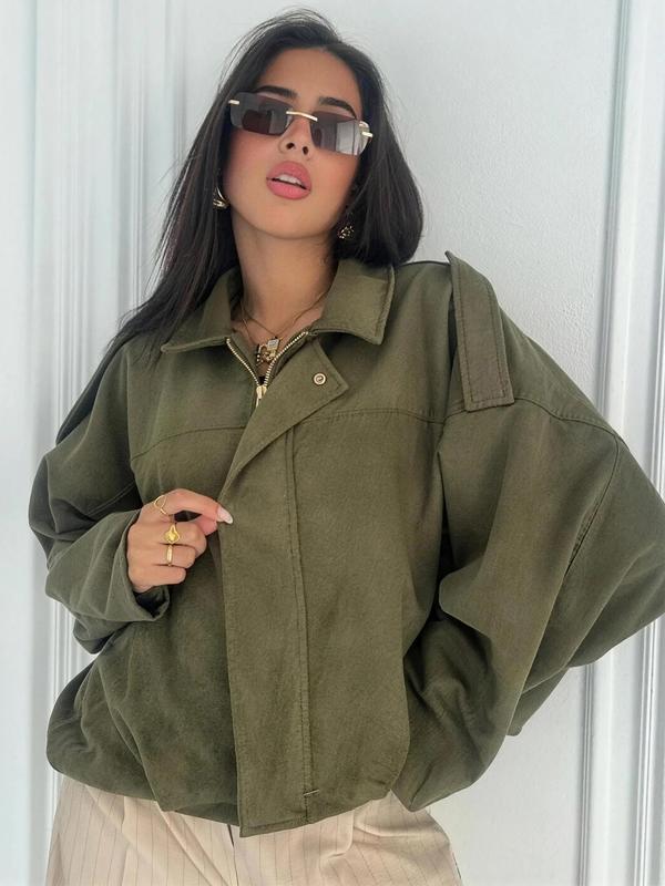 Women's Cropped Suede Jacket Demi-Season Bomber Jacket Female Outerwears Street Long Sleeve Oversized Black Brown Green Red Jacket Woman Fashion Zip Up Short Coat
