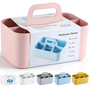 Multiuse  Organizer with Handle - Stackable Plastic Tote Bin - Art Craft Supplies, Office, Desk, Stationery Pen Holder, Kitchen, Utensil, Makeup, Bathroom, Shower, Cleaning, Dorm Organizer - Pink