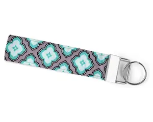 Teal & Grey Clover Pattern Handmade Keychain Wristlet - Durable Material, 6" Length, Metal Key Ring, Perfect for Car Keys, Timeless Style