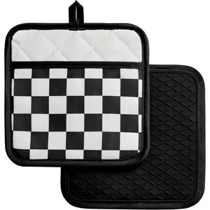Checkered Pot Holder, Black and White Checkerboard Potholders for Kitchen, Silicone Pot Holders with Pocket 2 Pack Set, Hot Pads and Oven Mitts for Cooking Baking
