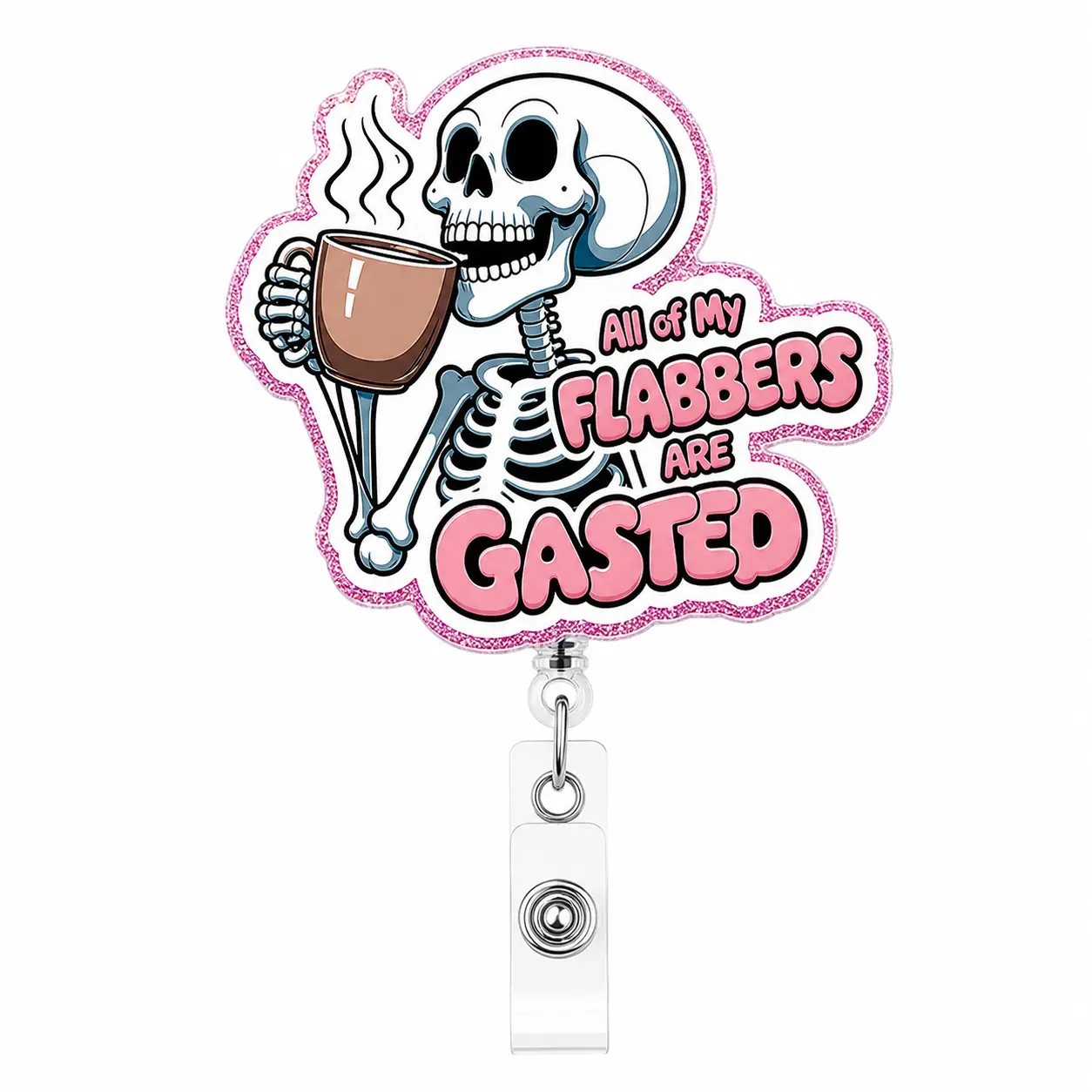 Halloween Funny Coffee Skeleton Badge Reel Sparkling Powder Acrylic Cute Badge Clip with Retractable Halloween Badge for Retractable Id Holder for Nurse Doctor Teacher Office Staff