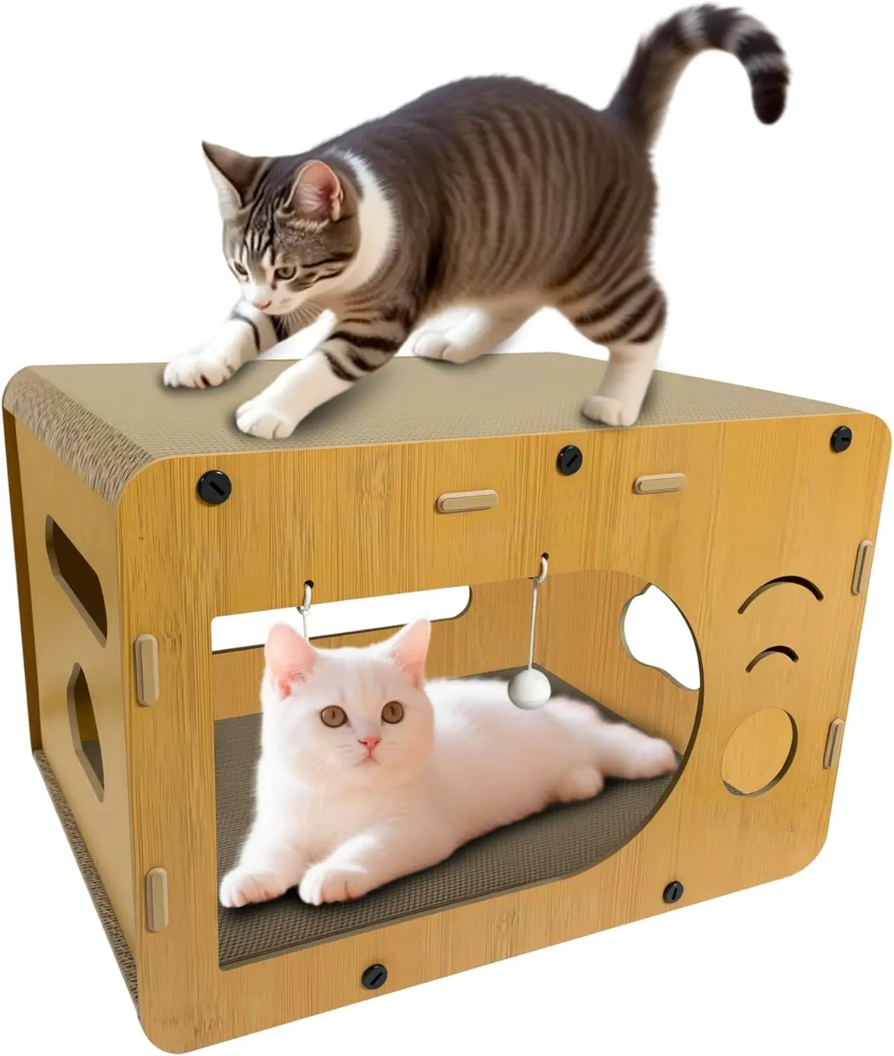 Extra Large Multi-Layer Cat House Scratcher Bed, High-Density Corrugated Cardboard Furniture Protector Pad, 3-in-1 Scratch Rest Play Cat Nest, Multifunctional Cat Toy with Scratching Post & Board, Must-Have Pet Gift for Indoor Cat Claw Sharpening