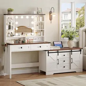 Vabches Farmhouse Makeup Vanity Desk with Mirror and Lights, 74" Large White Vanity with Charging Station 5 Drawers, 3 Led Modes Adjustable Brightness, Glass Top Dressing Table with Cabinets (White)