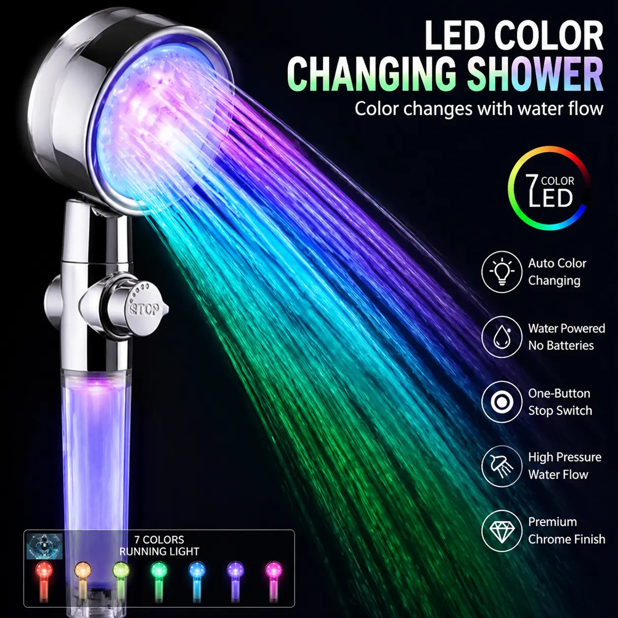 7-Color LED Shower Head - Water Powered High Pressure Handheld Showerhead with One-Button Stop Switch & Chrome Finish