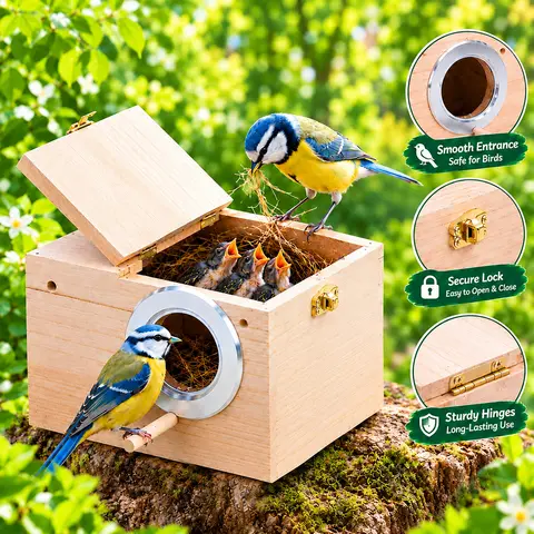 Paulownia Wood Bird Nesting Box 2-Pack - Condo with 2.2in Diameter Metal Ring Entry, Perch Ledge Lounge, Seamless Surfaces, Top Loading, Egg Protection, Built-In Baffle (Pet Supplies, Cages & Accessories for Budgies, Breeding Baby Birds)
