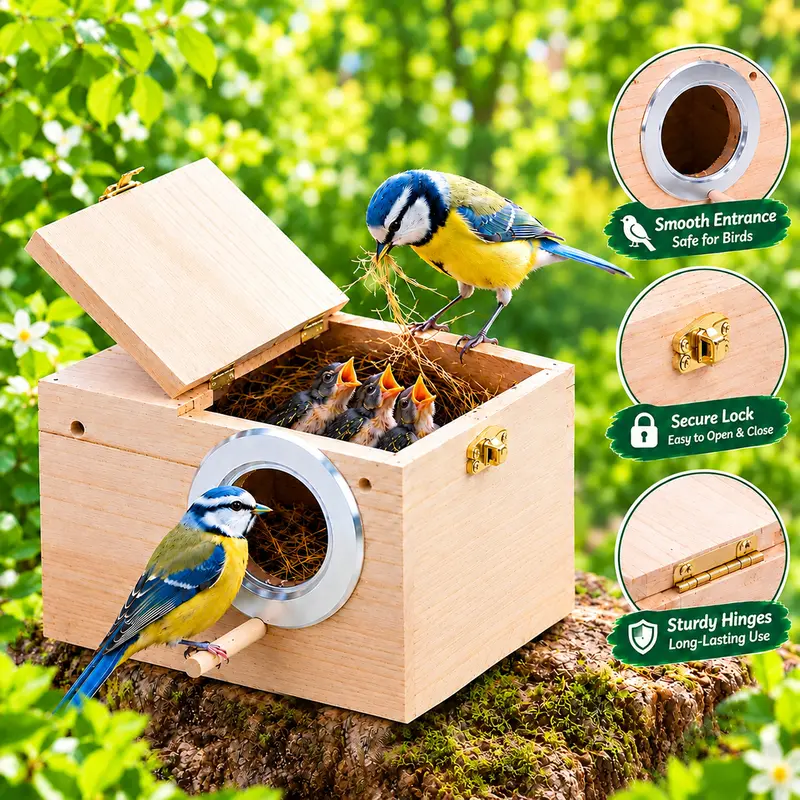 Paulownia Wood Bird Nesting Box 2-Pack - Condo with 2.2in Diameter Metal Ring Entry, Perch Ledge Lounge, Seamless Surfaces, Top Loading, Egg Protection, Built-In Baffle (Pet Supplies, Cages & Accessories for Budgies, Breeding Baby Birds)