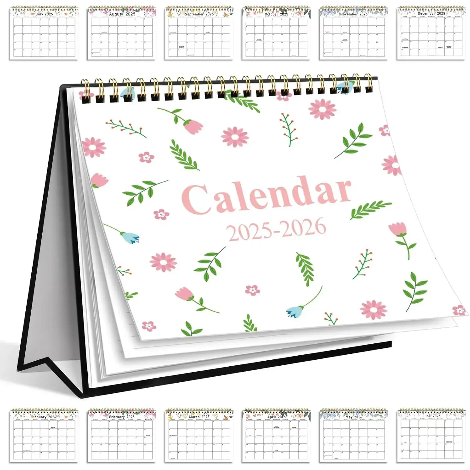 Pink Flowers 2025-2026 Desk Calendar, July 2025-Dec 2026 18-Month Small Standing Flip Desktop Calendar with Thick Paper, 12 Unique Flower Patterns, 6x8in, 6 Stickers, Daily Blocks, Beautiful Decoration for Office & Home, Monthly Goals