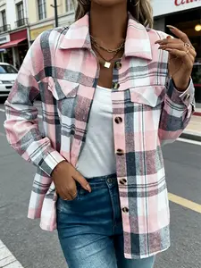 Women's Casual Blouse Shirts Pastel Plaid Checkered, Long Sleeves Comfy Loose Fit Perfect with Denim Jeans Y2K Aesthetic Must-Have Casual Street Style Top for Brunch/Date/Street Walk Womenswear