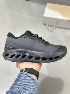 Solid Black Waterproof Mesh Running Sneakers All Black Hollow Wave Foam Midsole Shock Absorb Athletic Shoes For Outdoor Jogging Hiking Rainy Daily Walking