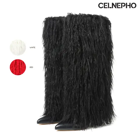 CELNEPHO Knee High Boots for Women Faux Fur Boot Pointed Toe Chunky Block High Heel Easy Pull on Side Zipper Closure Comfy Warm Cozy Gift Party Work Casual Everyday Wear Outdoor Fall Fashion Trendy Dress Shoes
