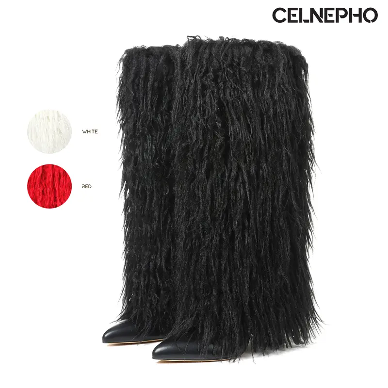 CELNEPHO Knee High Boots for Women Faux Fur Boot Pointed Toe Chunky Block High Heel Easy Pull on Side Zipper Closure Comfy Warm Cozy Gift Party Work Casual Everyday Wear Outdoor Fall Fashion Trendy Dress Shoes