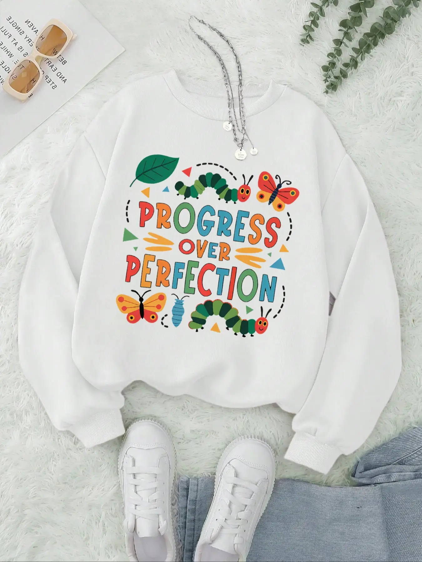Special Education Teacher Cartoon Print Women's Crew Neck Fashion Casual Sweatshirt Womenswear, Casual Fitted Knit Top for Fall & Winter Seasons