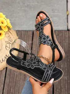 Summer New Rhinestone Flat Sandals, Bohemian Style Toe-Open Women's Shoes, Casual Comfortable Footwear for Daily Wear