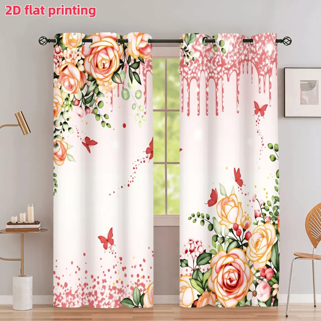 2D Flat 2Pcs Rose Butterfly Printed Curtains, Peach Pink Glitter Drip Design Floral Pattern, Grommet Top Semi Sunshade Drapes, Suitable for Living Room Bedroom Kitchen Study Shower Window Decoration, Accessory, Anti Privacy.