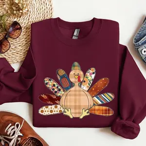 Thanksgiving Turkey, Plaid, Cute, Autumn, Patterns Sweatshirt, Crew Neck, Women's, Crewneck